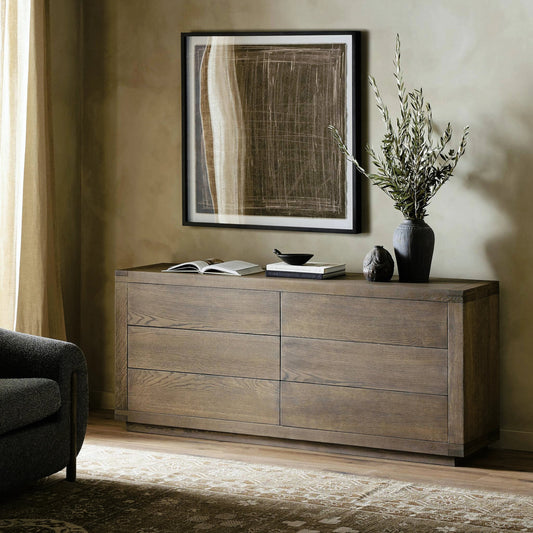Warby 6 Drawer Dresser by Four Hands in worn oak veneer and worn oak veneer. Made from oak veneer, solid oak in a modern style.
