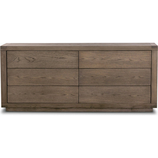 Warby 6 Drawer Dresser by Four Hands in worn oak veneer and worn oak veneer. Made from oak veneer, solid oak in a modern style.