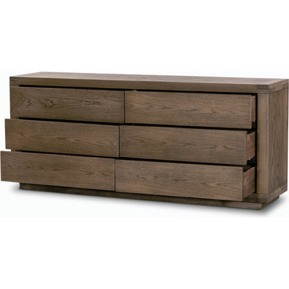 Warby 6 Drawer Dresser by Four Hands in worn oak veneer and worn oak veneer. Made from oak veneer, solid oak in a modern style.