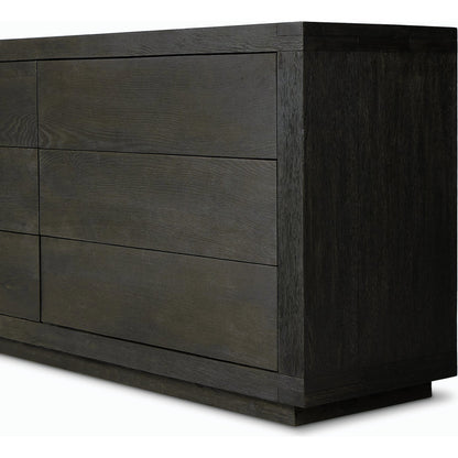 Warby 6 Drawer Dresser by Four Hands in worn oak veneer and worn oak veneer. Made from oak veneer, solid oak in a modern style.