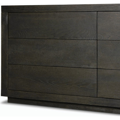 Warby 6 Drawer Dresser by Four Hands in worn oak veneer and worn oak veneer. Made from oak veneer, solid oak in a modern style.