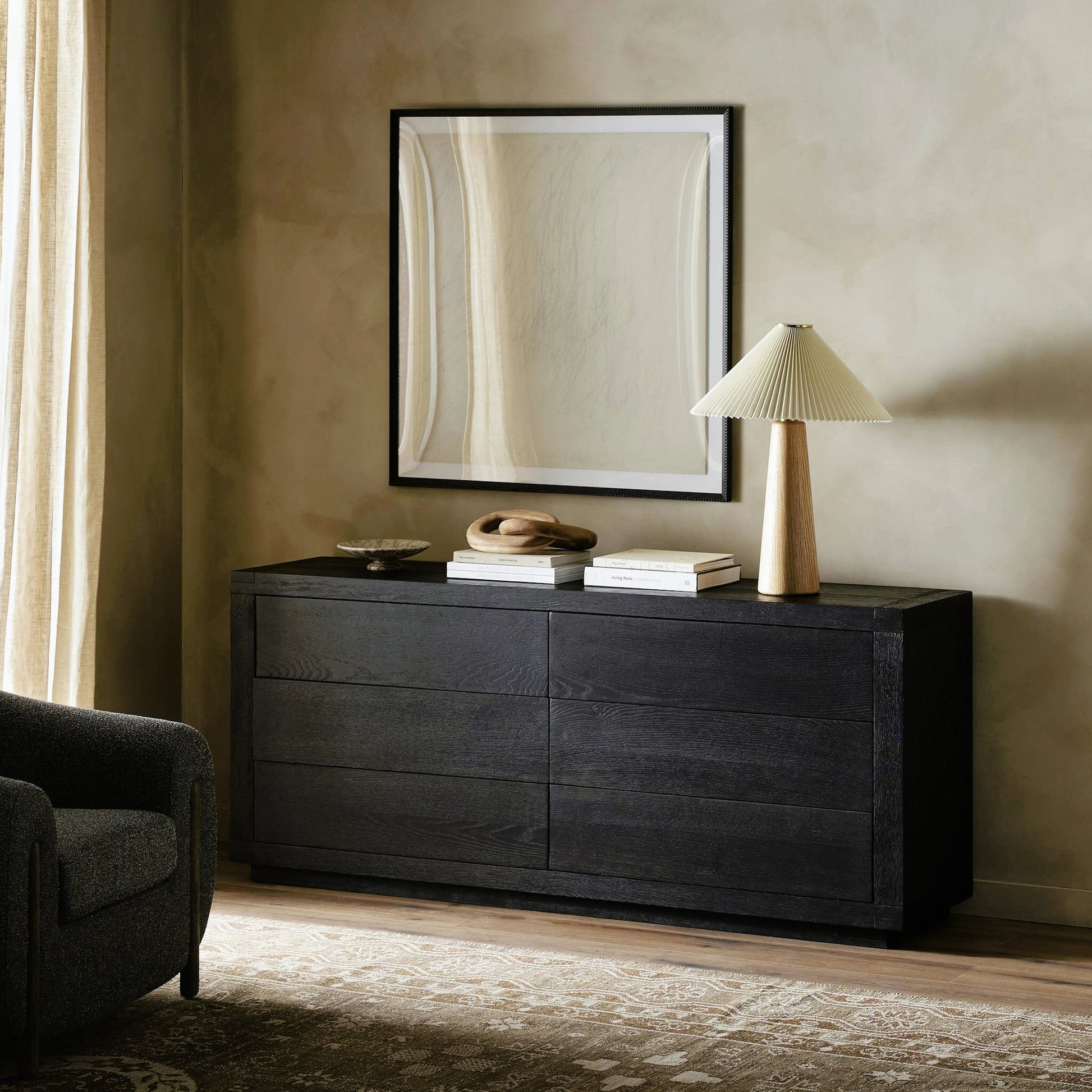 Warby 6 Drawer Dresser by Four Hands in worn oak veneer and worn oak veneer. Made from oak veneer, solid oak in a modern style.