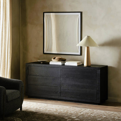 Warby 6 Drawer Dresser by Four Hands in worn oak veneer and worn oak veneer. Made from oak veneer, solid oak in a modern style.