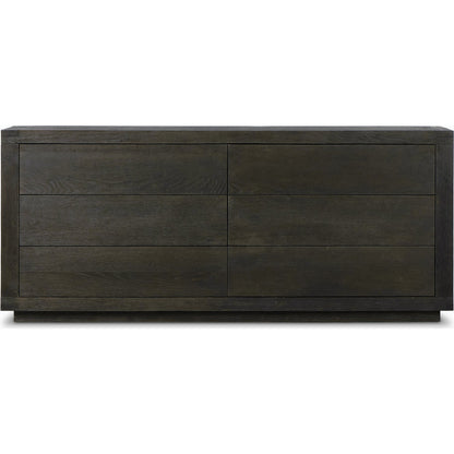 Warby 6 Drawer Dresser by Four Hands in worn oak veneer and worn oak veneer. Made from oak veneer, solid oak in a modern style.