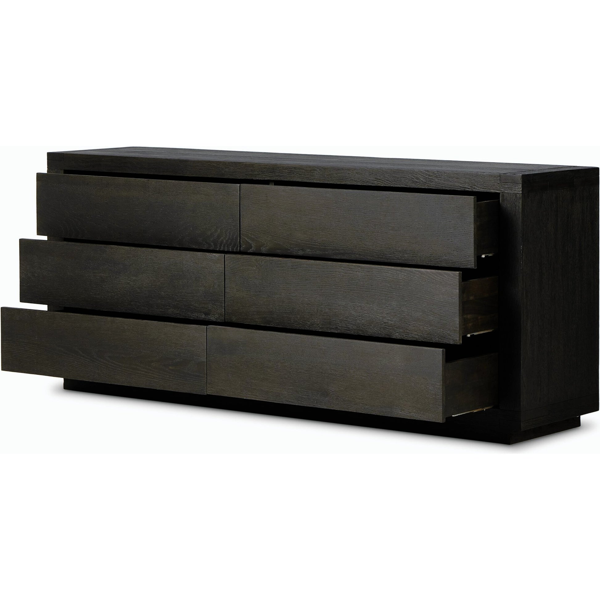 Warby 6 Drawer Dresser by Four Hands in worn oak veneer and worn oak veneer. Made from oak veneer, solid oak in a modern style.