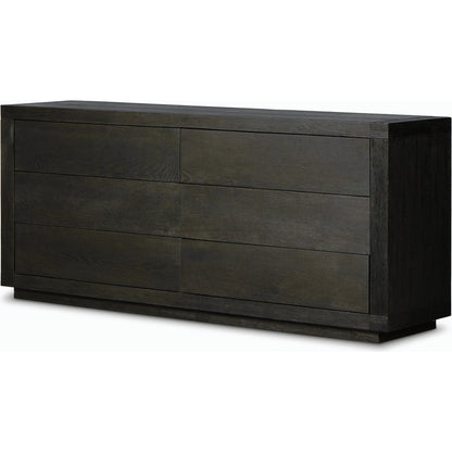 Warby 6 Drawer Dresser by Four Hands in worn oak veneer and worn oak veneer. Made from oak veneer, solid oak in a modern style.