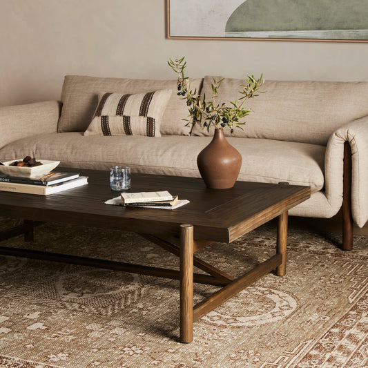 Goldthwaite Large Coffee Table by Four Hands in sienna brown. Made from solid pine, poplar plywood in a modern style.