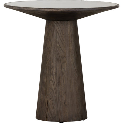 Skye End Table by Four Hands in weathered dark elm, white marble. Made from solid marble, solid reclaimed elm, solid oak in a modern style.