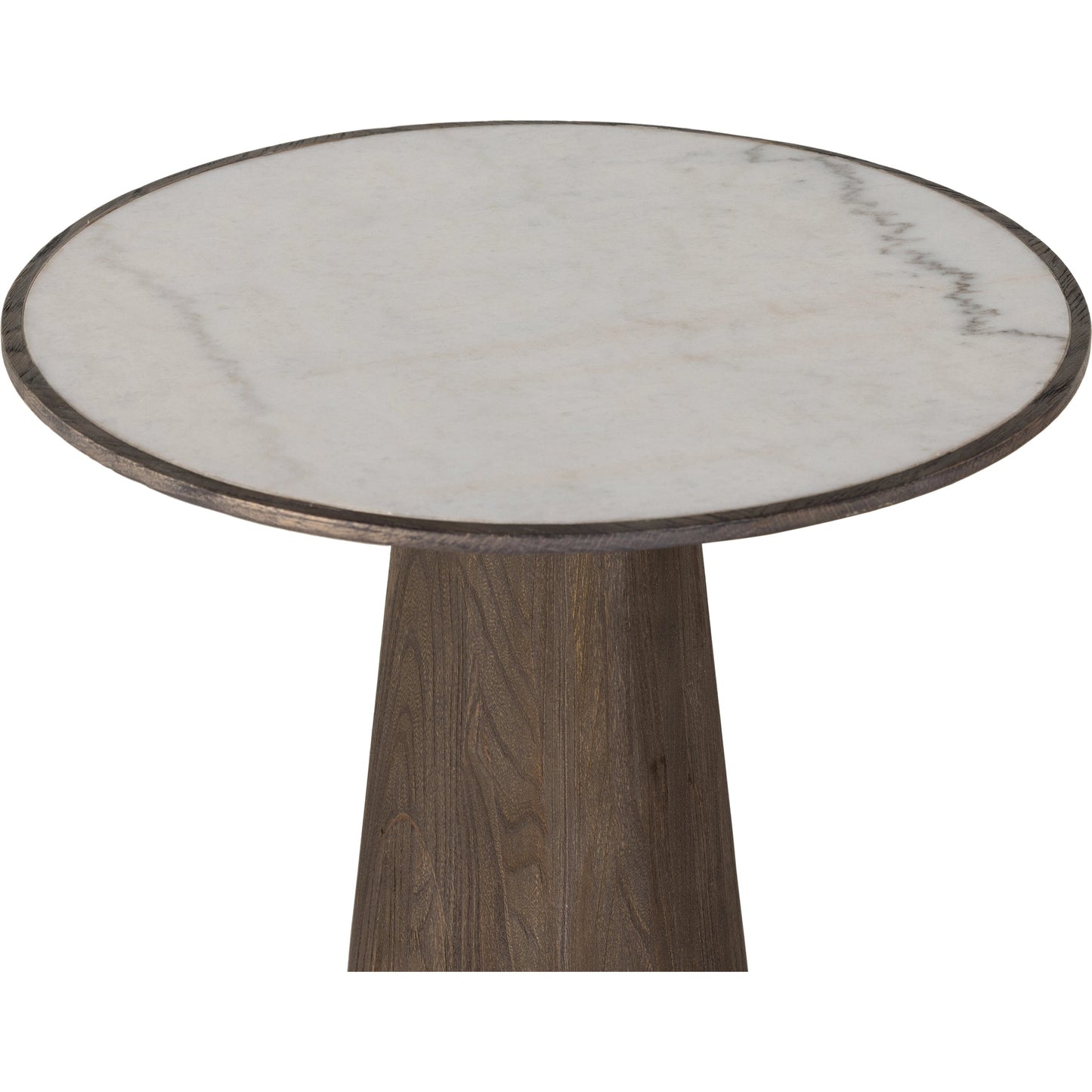 004 SI-1977811 | Closeup | Skye End Table by Four Hands in weathered dark elm, white marble. Made from solid marble, solid reclaimed elm, solid oak in a modern style.