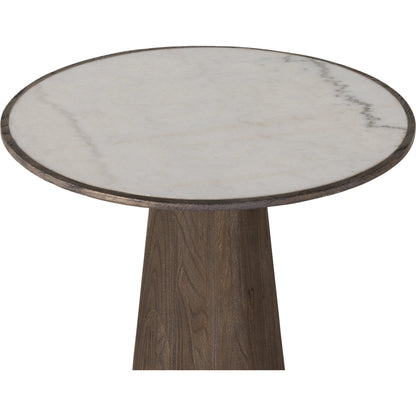 Skye End Table by Four Hands in weathered dark elm, white marble. Made from solid marble, solid reclaimed elm, solid oak in a modern style.
