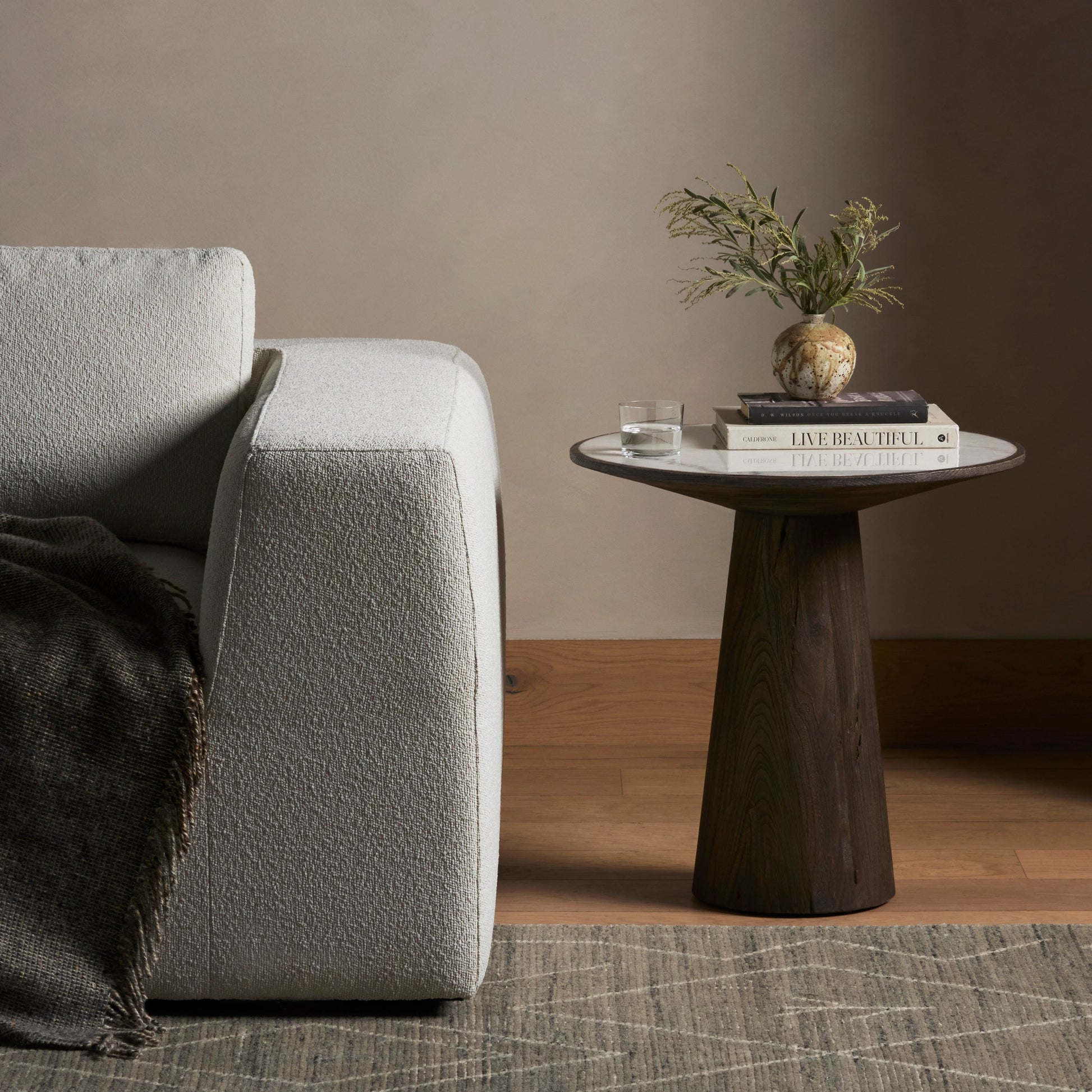 Skye End Table by Four Hands in weathered dark elm, white marble. Made from solid marble, solid reclaimed elm, solid oak in a modern style.
