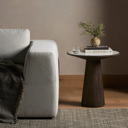 Skye End Table by Four Hands in weathered dark elm, white marble. Made from solid marble, solid reclaimed elm, solid oak in a modern style.