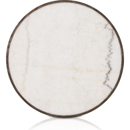 Skye End Table by Four Hands in weathered dark elm, white marble. Made from solid marble, solid reclaimed elm, solid oak in a modern style.