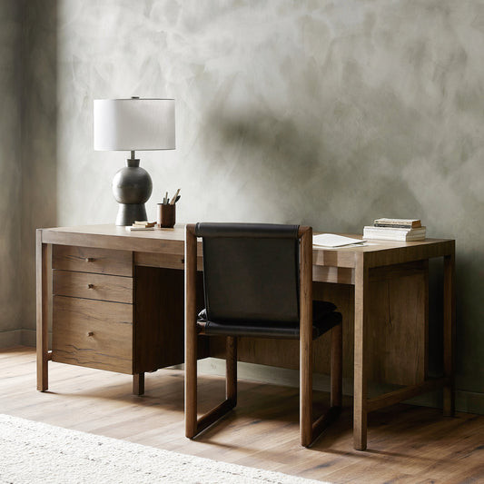 Suspension Desk by Four Hands in grey oak. Made from solid oak, thick oak veneer in a modern style.