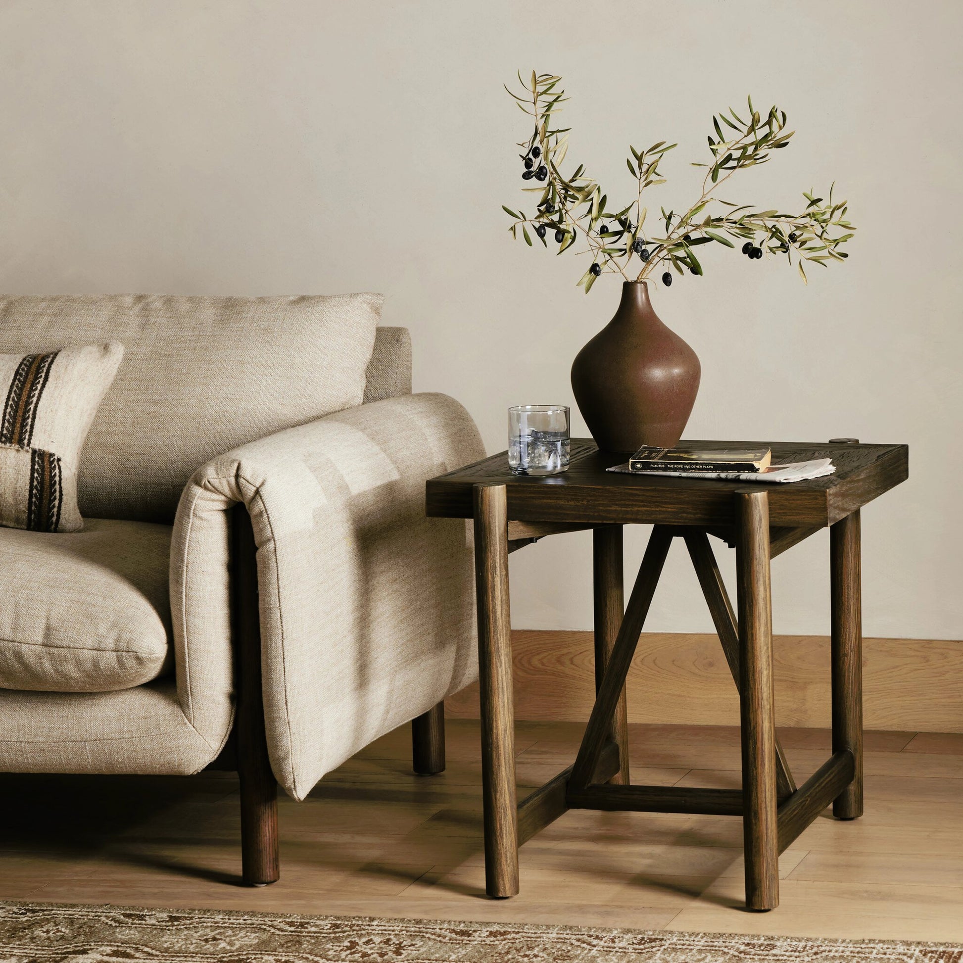 Goldthwaite End Table by Four Hands in sienna brown. Made from solid pine, poplar plywood in a modern style.