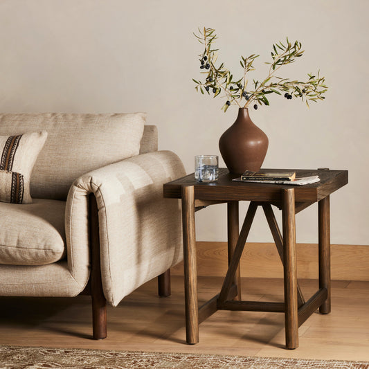 Goldthwaite End Table by Four Hands in sienna brown. Made from solid pine, poplar plywood in a modern style.