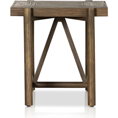 Goldthwaite End Table by Four Hands in sienna brown. Made from solid pine, poplar plywood in a modern style.
