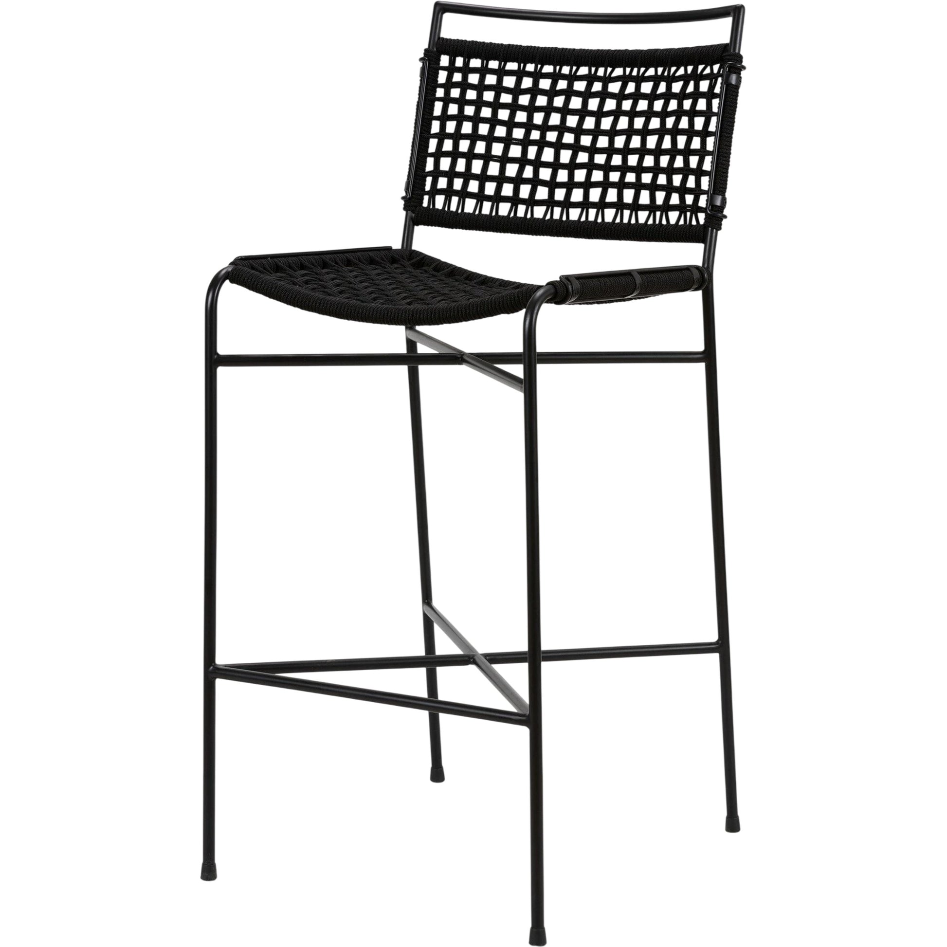 Wharton Outdoor Bar Stool by Four Hands in black rope and satin black. Made from iron, 100% polyester in a modern style.