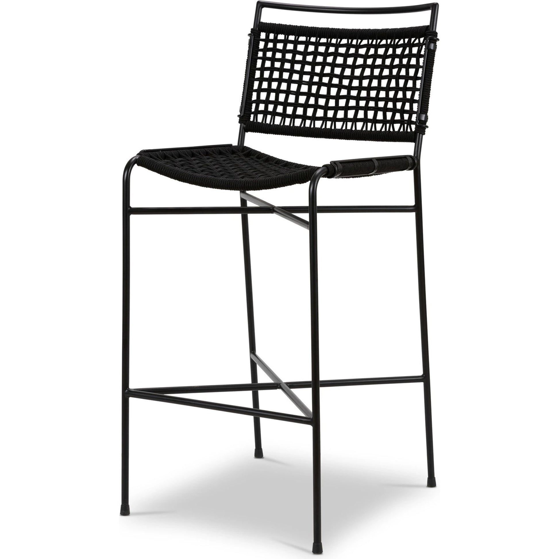 Wharton Outdoor Bar Stool by Four Hands in black rope and satin black. Made from iron, 100% polyester in a modern style.