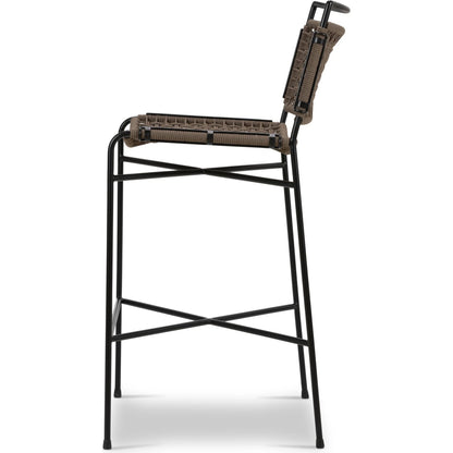 Wharton Outdoor Bar Stool by Four Hands in black rope and satin black. Made from iron, 100% polyester in a modern style.