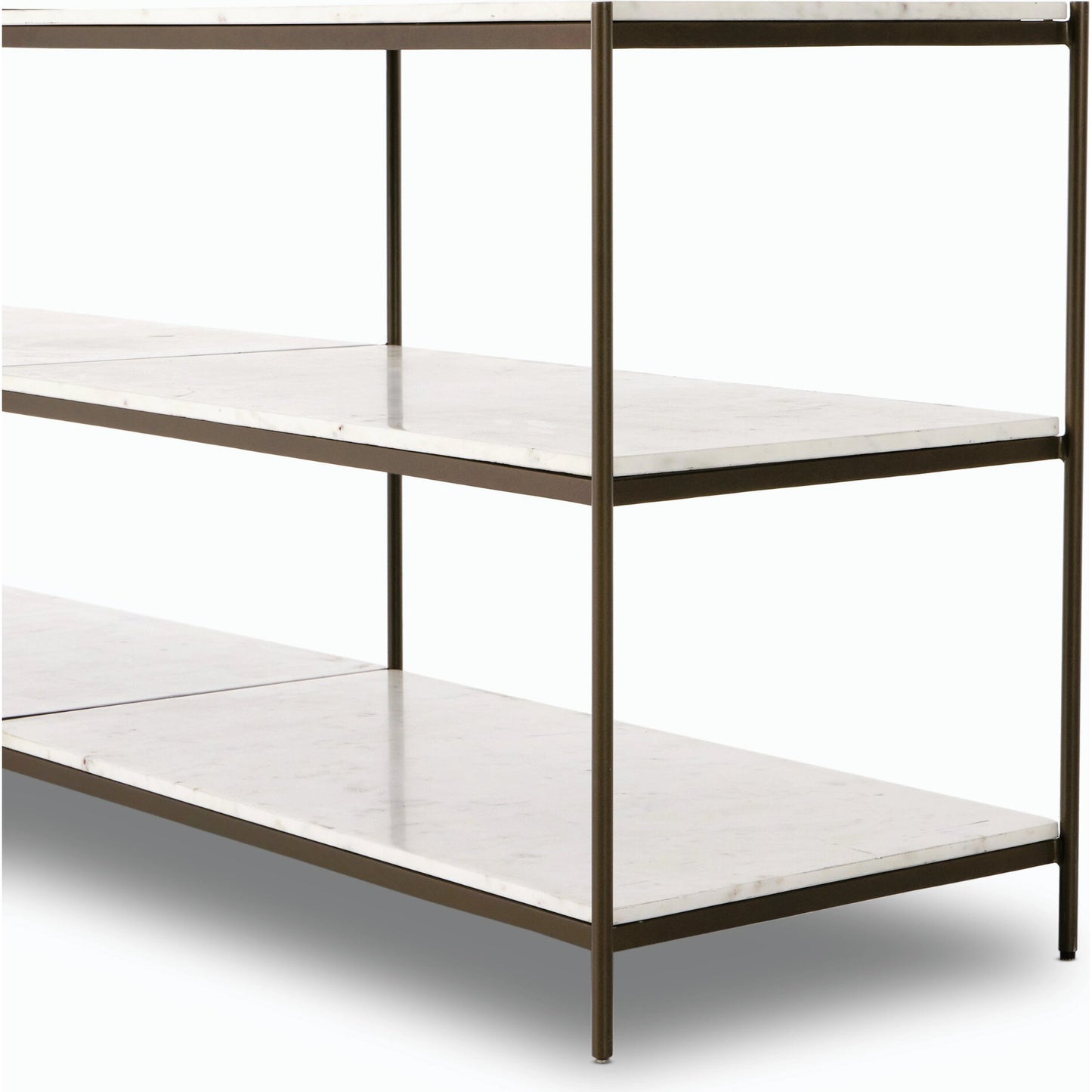 018 SI-2001301 | Closeup | Felix Large Console Table by Four Hands. Made from iron, solid marble, engineered hardwood in a modern style.