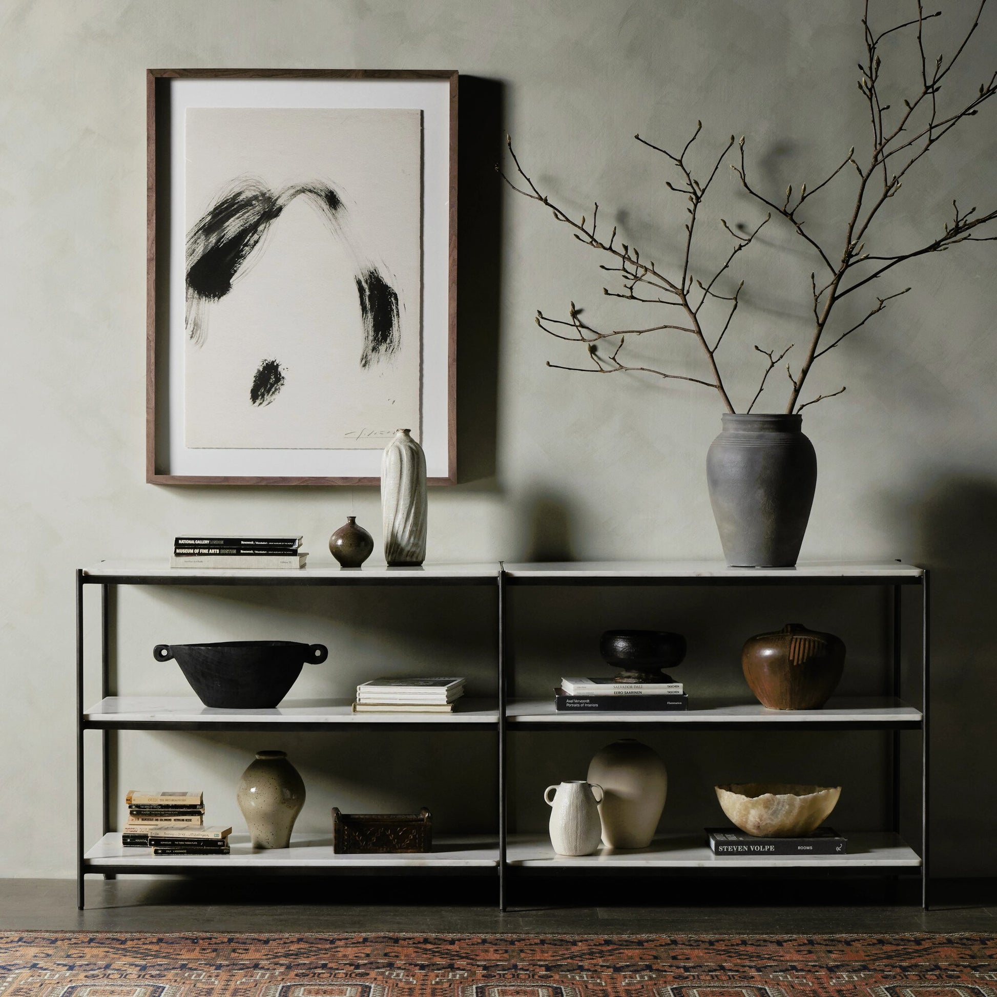 Felix Large Console Table by Four Hands. Made from iron, solid marble, engineered hardwood in a modern style.