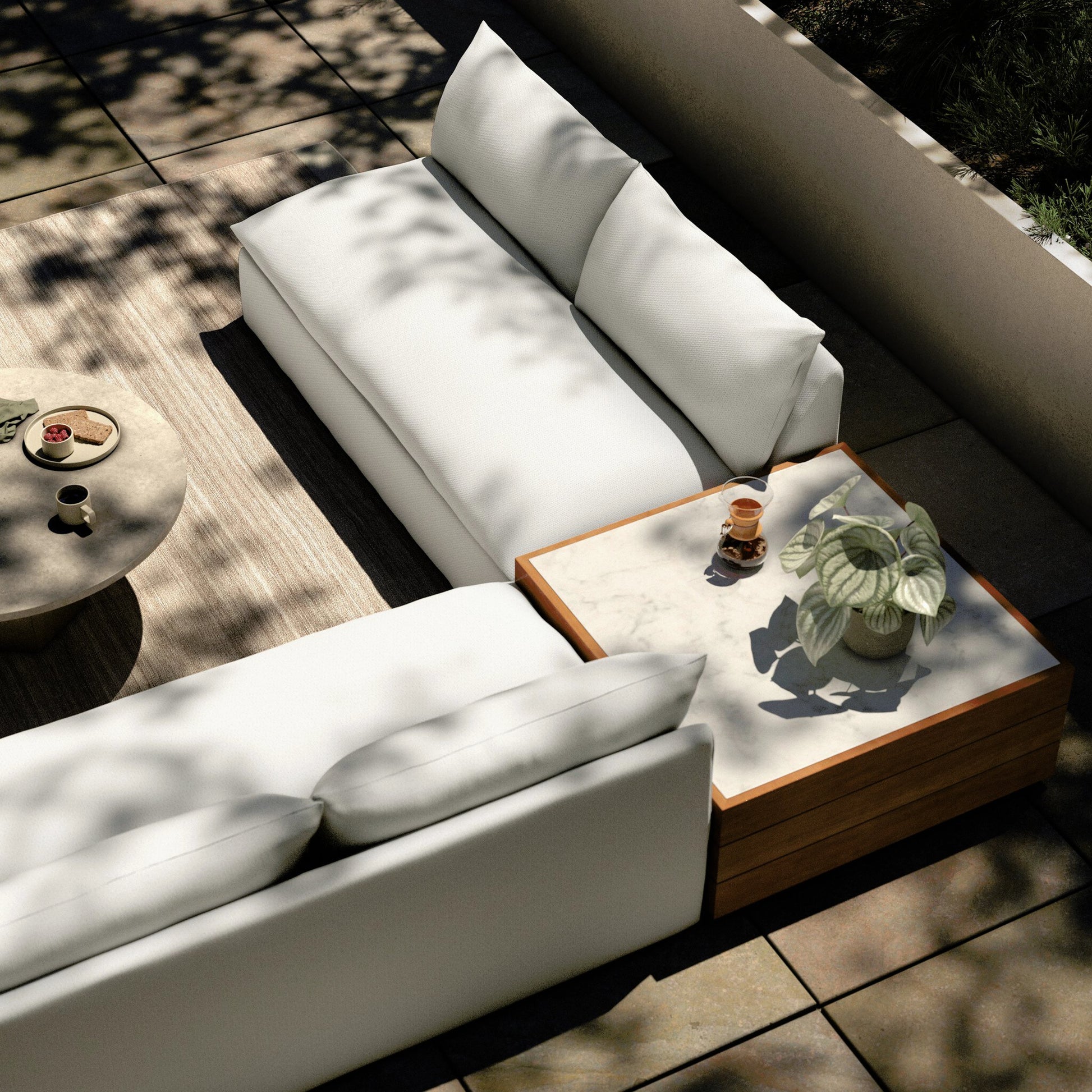 Grant Outdoor 2-PC Sectional with Coffee Table by Four Hands. Made from 100% olefin, solid fsc®-certified teak, solid marble in a modern style.