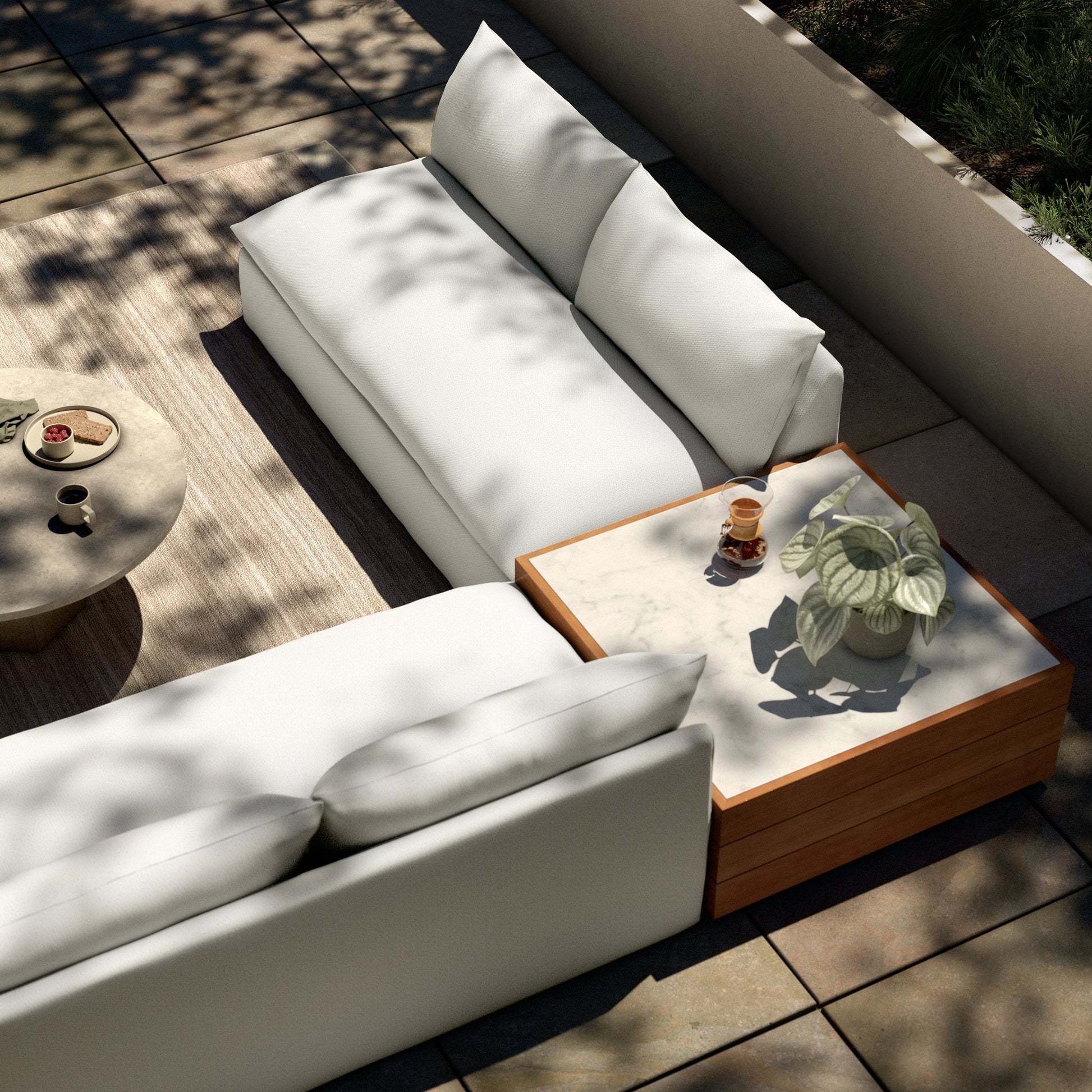 Grant Outdoor 2-PC Sectional with Coffee Table by Four Hands. Made from 100% olefin, solid fsc®-certified teak, solid marble in a modern style.