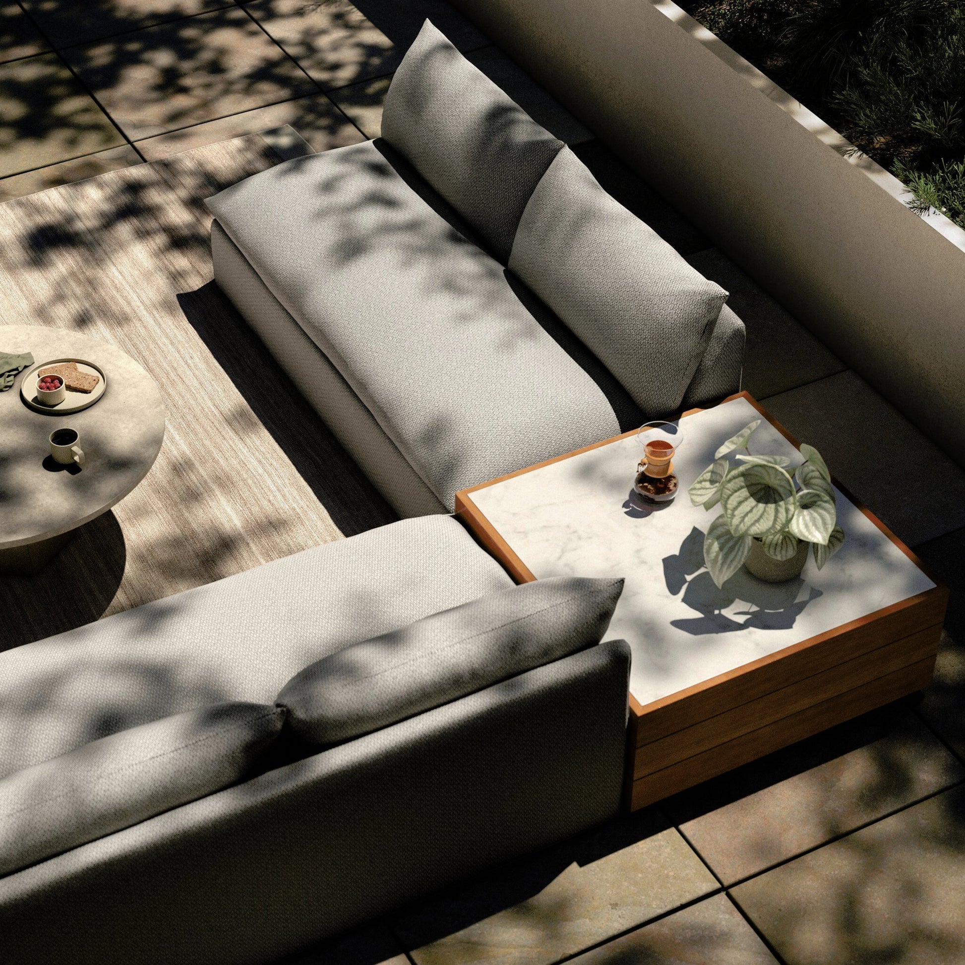 Grant Outdoor 2-PC Sectional with Coffee Table by Four Hands. Made from 100% olefin, solid fsc®-certified teak, solid marble in a modern style.