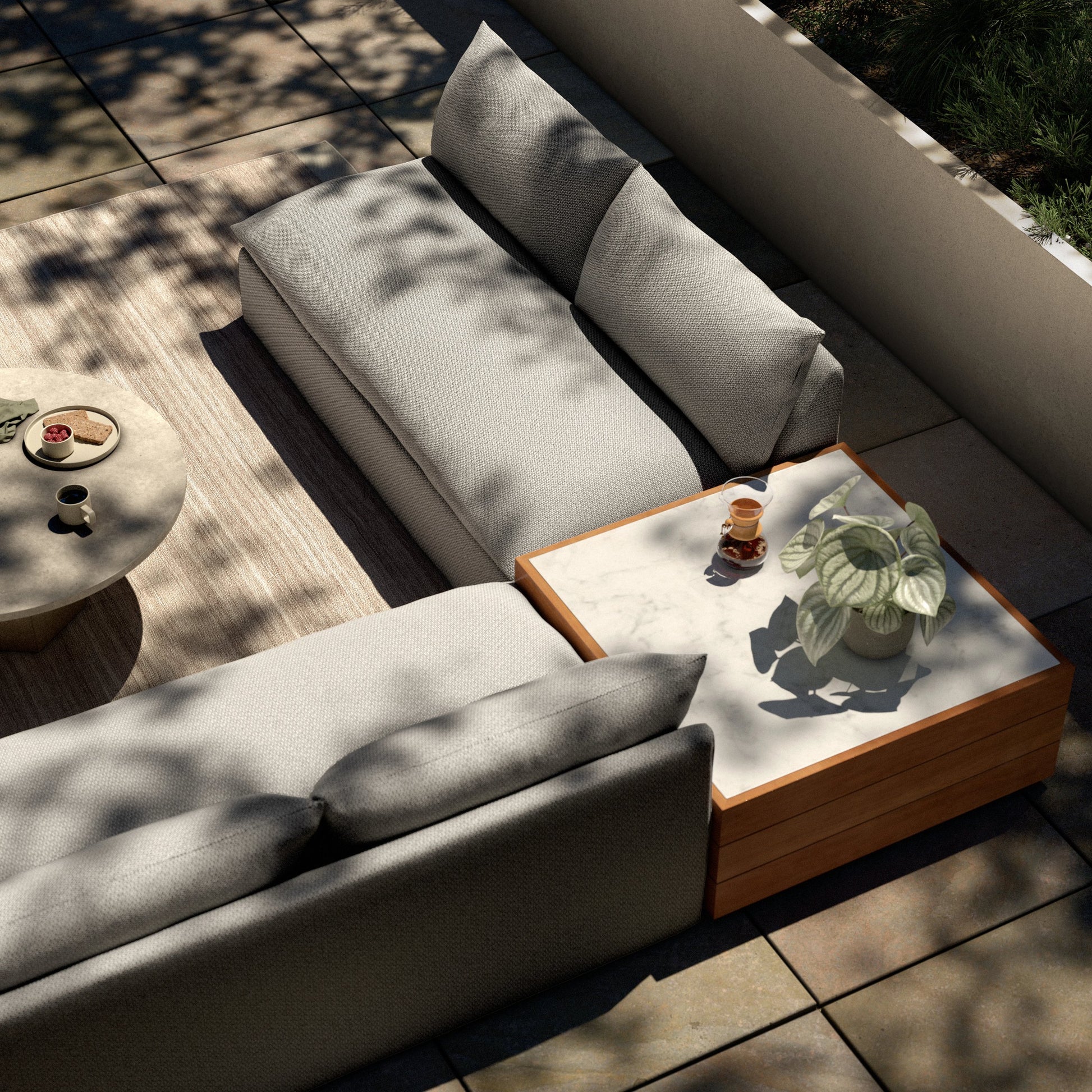 Grant Outdoor 2-PC Sectional with Coffee Table by Four Hands. Made from 100% olefin, solid fsc®-certified teak, solid marble in a modern style.