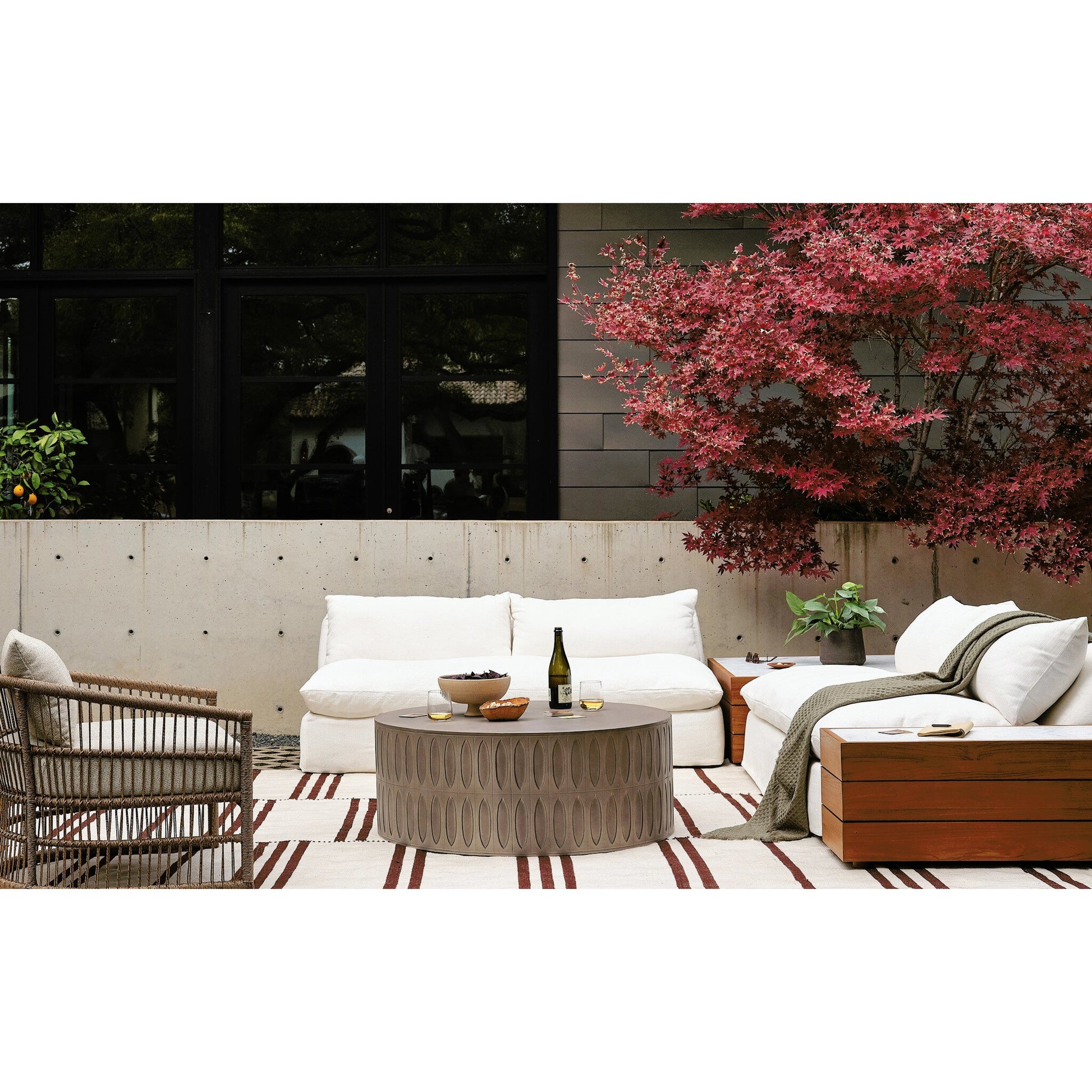 Grant Outdoor 2-PC Sectional with Coffee & End Tables by Four Hands in faye ash, white marble and natural teak. Made from 100% olefin, solid fsc®-certified teak, solid marble in a modern style.