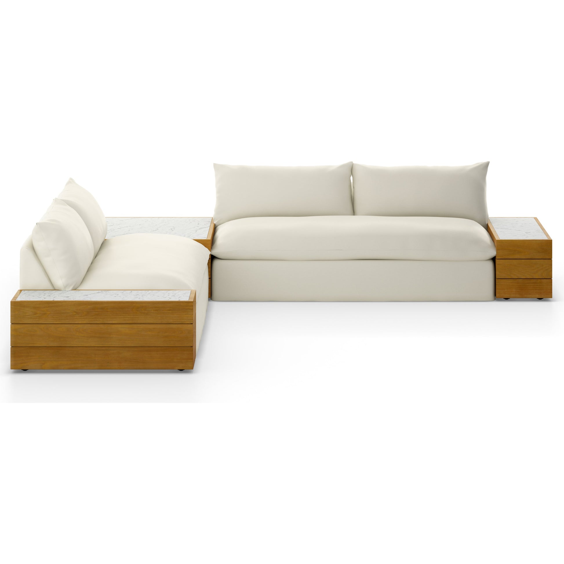 Grant Outdoor 2-PC Sectional with Coffee & End Tables by Four Hands in faye ash, white marble and natural teak. Made from 100% olefin, solid fsc®-certified teak, solid marble in a modern style.