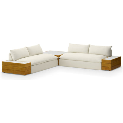 Grant Outdoor 2-PC Sectional with Coffee & End Tables by Four Hands in faye ash, white marble and natural teak. Made from 100% olefin, solid fsc®-certified teak, solid marble in a modern style.
