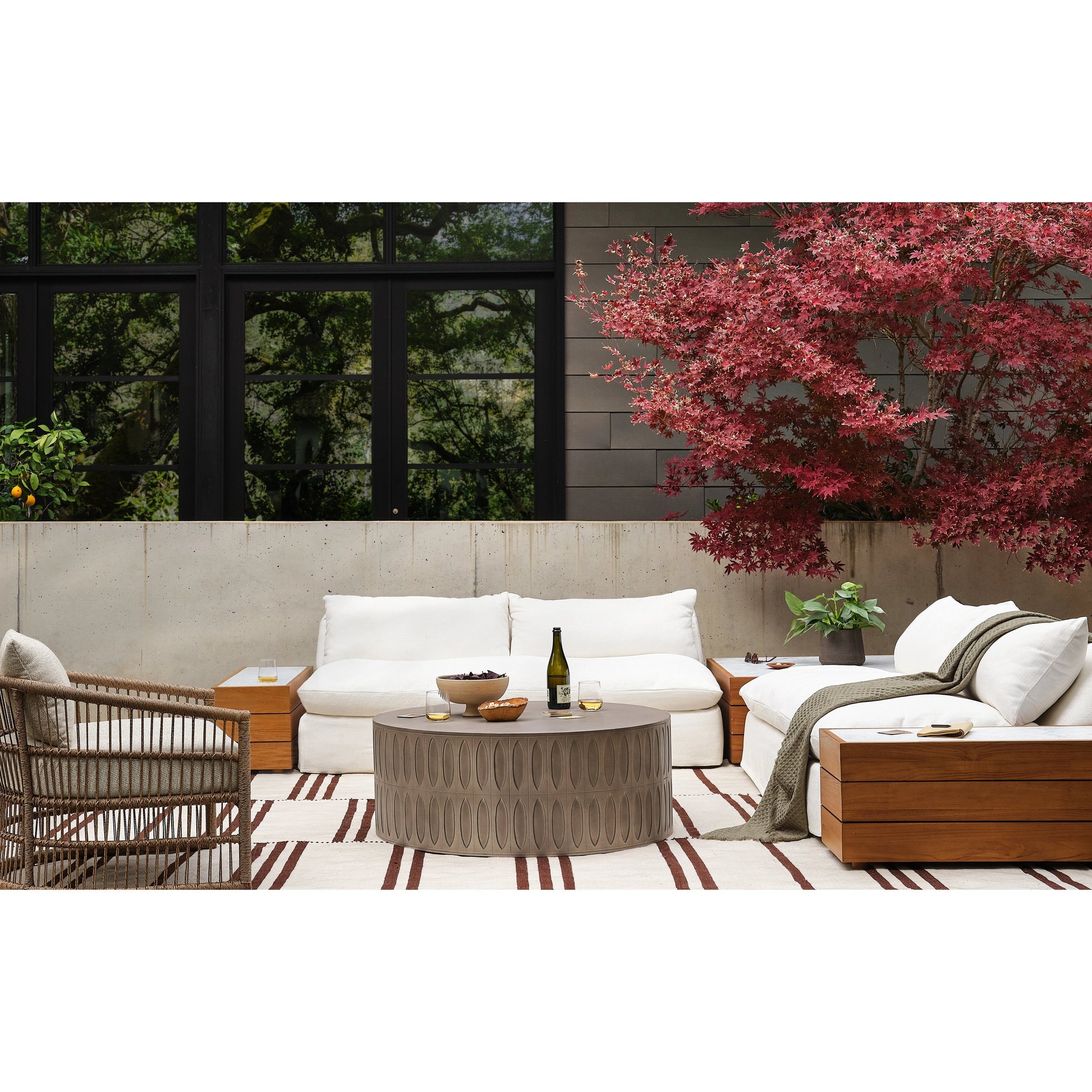 Grant Outdoor 2-PC Sectional with Coffee & End Tables by Four Hands in faye ash, white marble and natural teak. Made from 100% olefin, solid fsc®-certified teak, solid marble in a modern style.