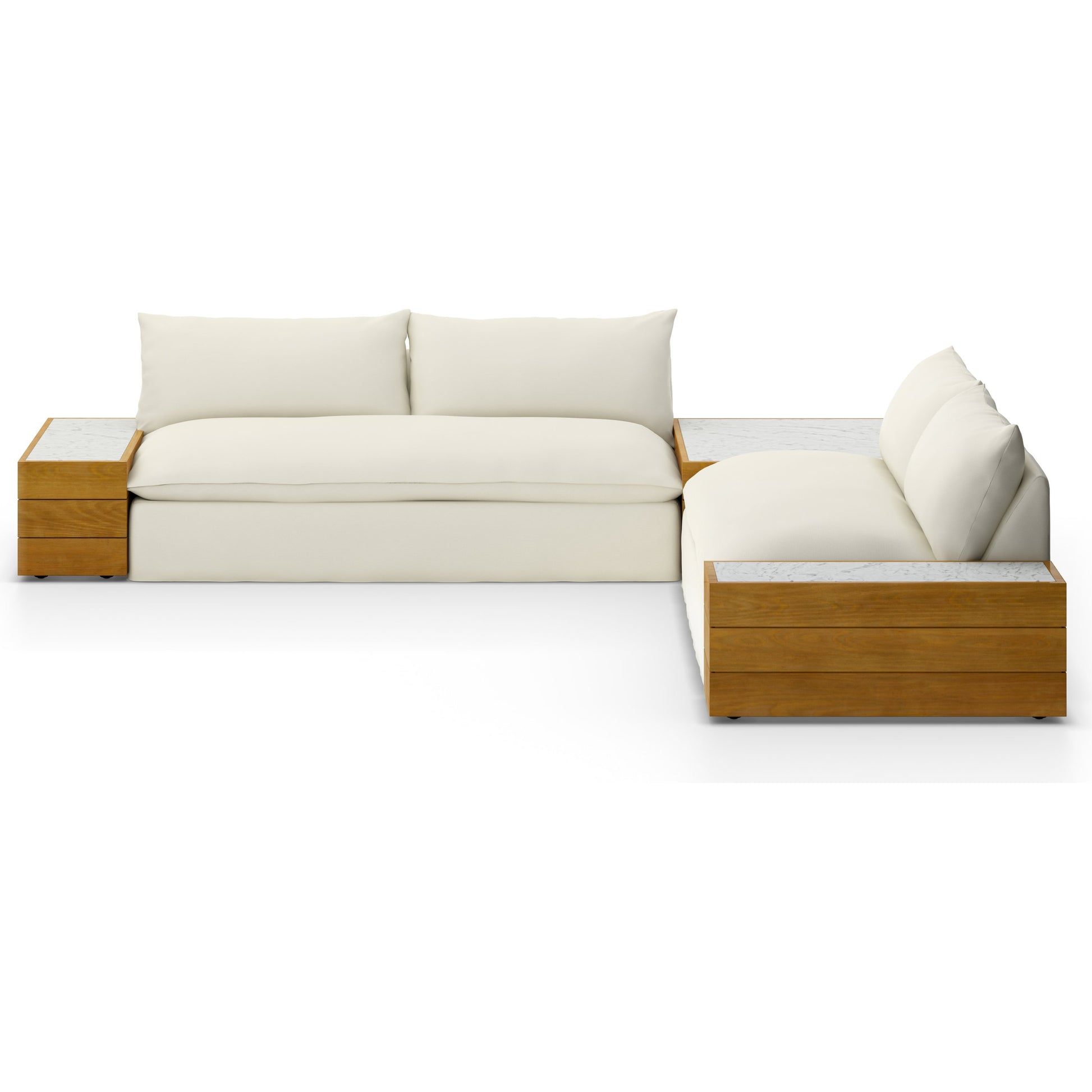 Grant Outdoor 2-PC Sectional with Coffee & End Tables by Four Hands in faye ash, white marble and natural teak. Made from 100% olefin, solid fsc®-certified teak, solid marble in a modern style.