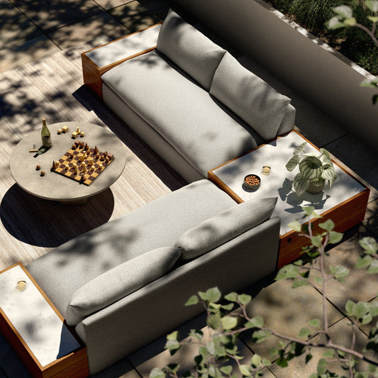 Grant Outdoor 2-PC Sectional with Coffee & End Tables by Four Hands in faye ash, white marble and natural teak. Made from 100% olefin, solid fsc®-certified teak, solid marble in a modern style.