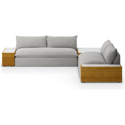 Grant Outdoor 2-PC Sectional with Coffee & End Tables by Four Hands in faye ash, white marble and natural teak. Made from 100% olefin, solid fsc®-certified teak, solid marble in a modern style.