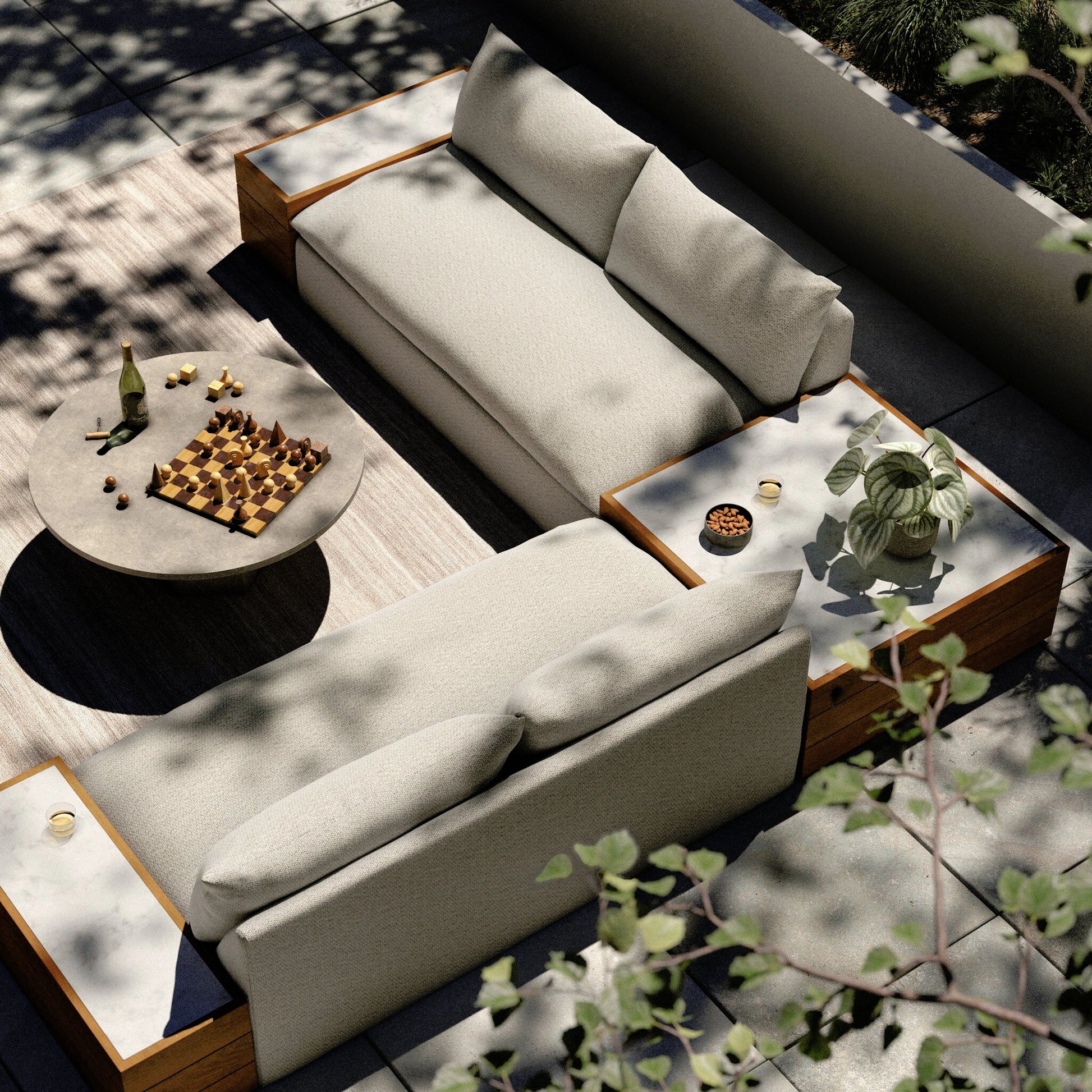 Grant Outdoor 2-PC Sectional with Coffee & End Tables by Four Hands in faye ash, white marble and natural teak. Made from 100% olefin, solid fsc®-certified teak, solid marble in a modern style.