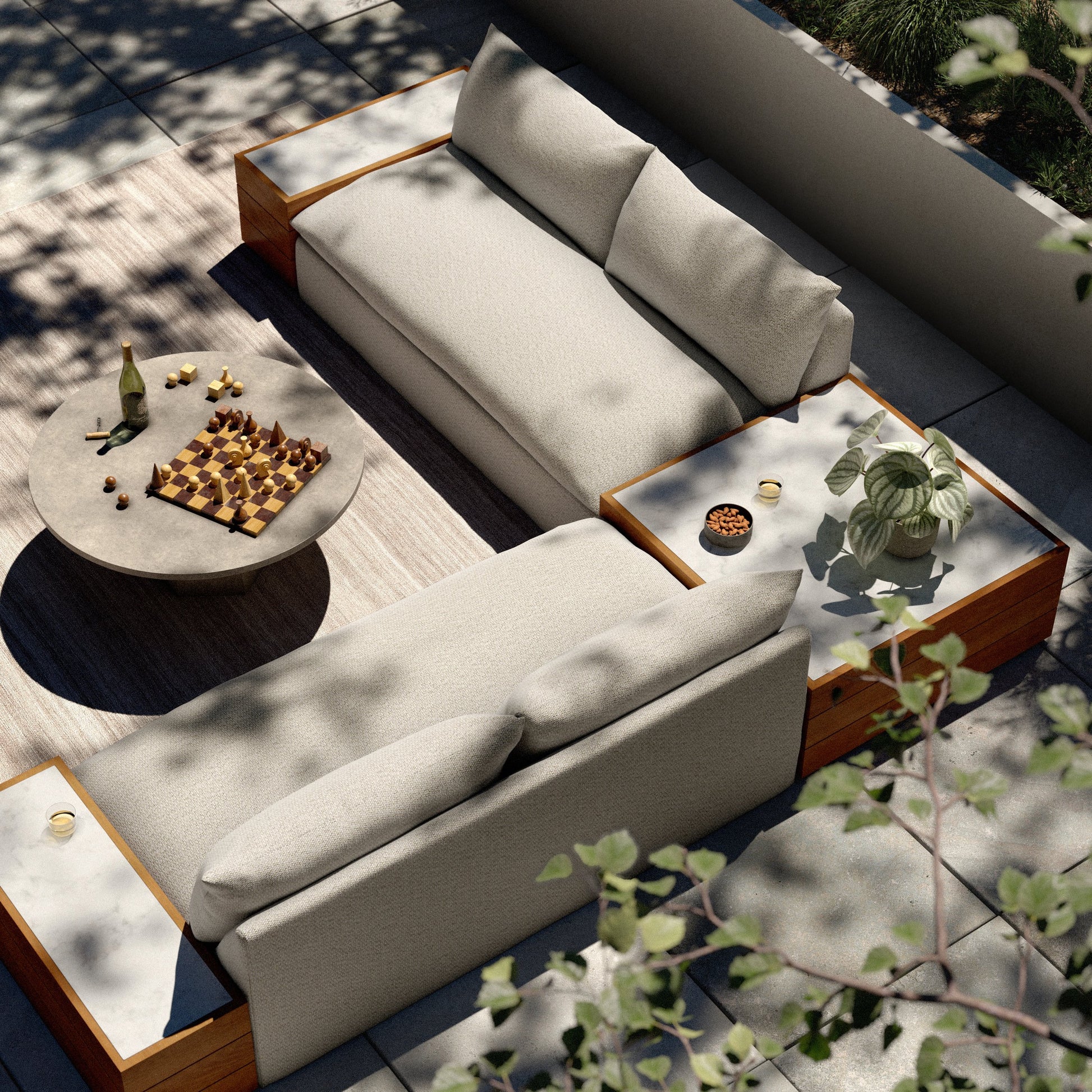 Grant Outdoor 2-PC Sectional with Coffee & End Tables by Four Hands in faye ash, white marble and natural teak. Made from 100% olefin, solid fsc®-certified teak, solid marble in a modern style.