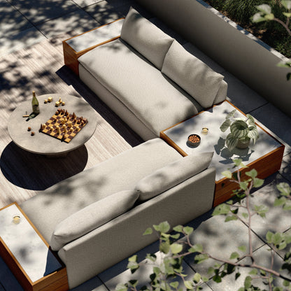 Grant Outdoor 2-PC Sectional with Coffee & End Tables by Four Hands in faye ash, white marble and natural teak. Made from 100% olefin, solid fsc®-certified teak, solid marble in a modern style.