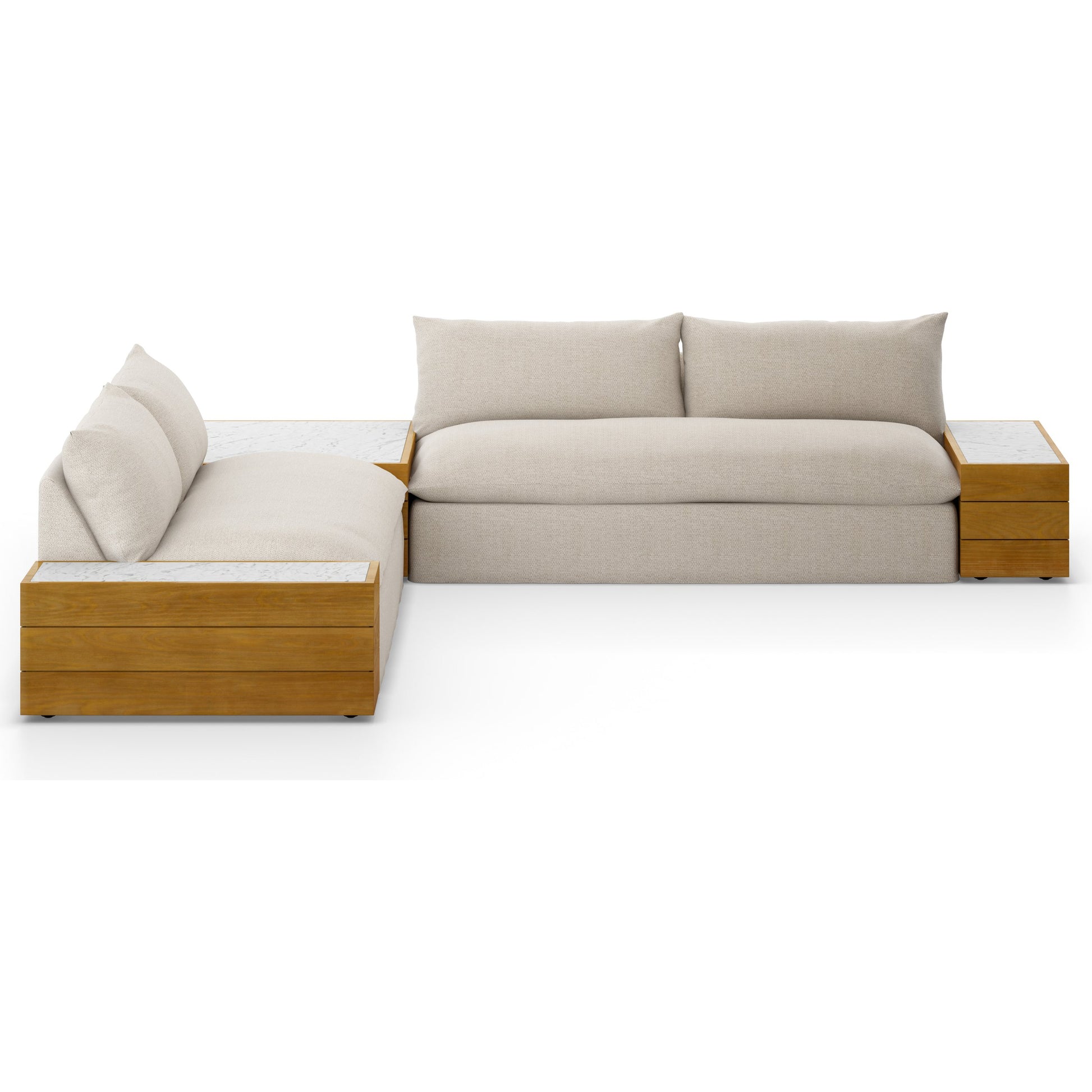 Grant Outdoor 2-PC Sectional with Coffee & End Tables by Four Hands in faye ash, white marble and natural teak. Made from 100% olefin, solid fsc®-certified teak, solid marble in a modern style.