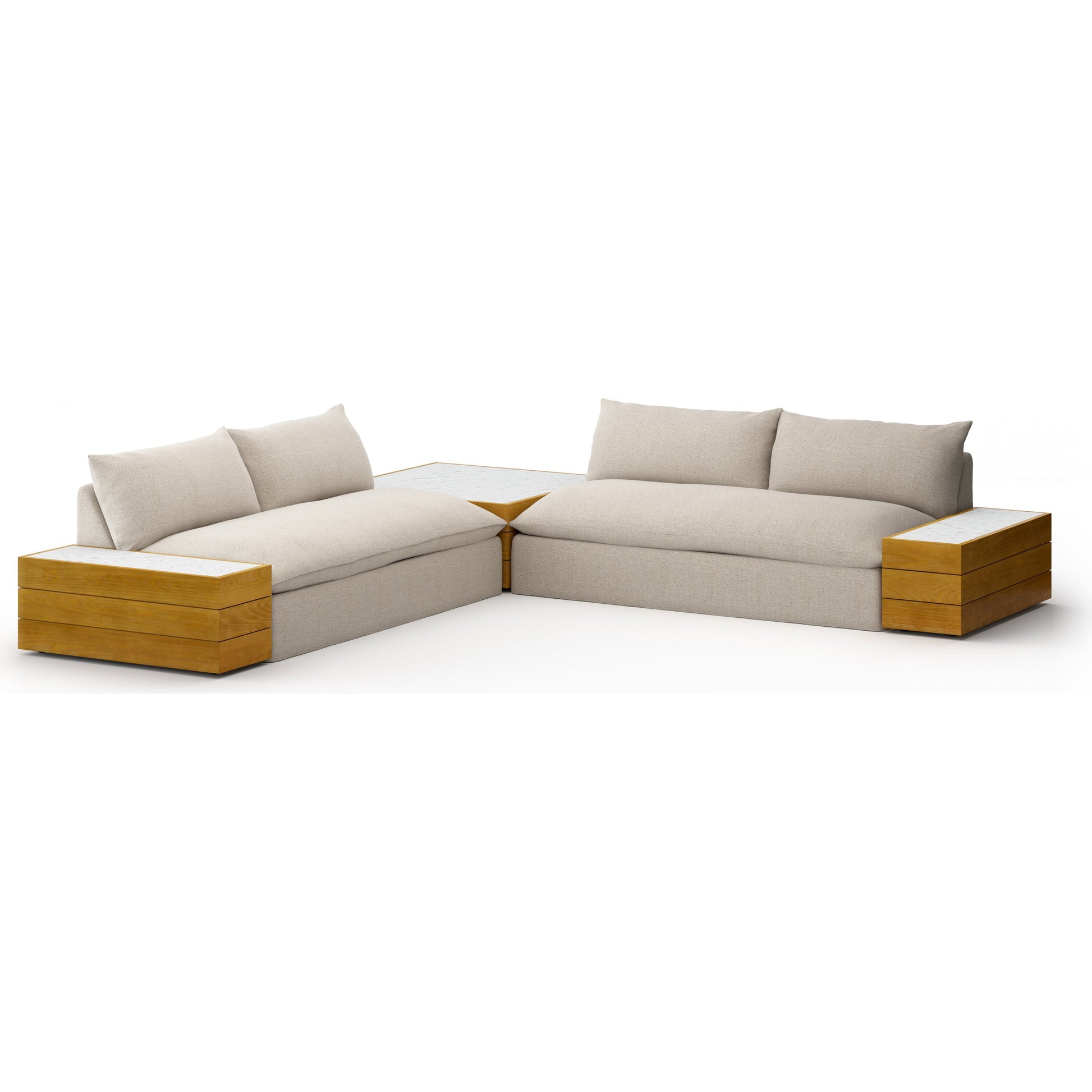 Grant Outdoor 2-PC Sectional with Coffee & End Tables by Four Hands in faye ash, white marble and natural teak. Made from 100% olefin, solid fsc®-certified teak, solid marble in a modern style.