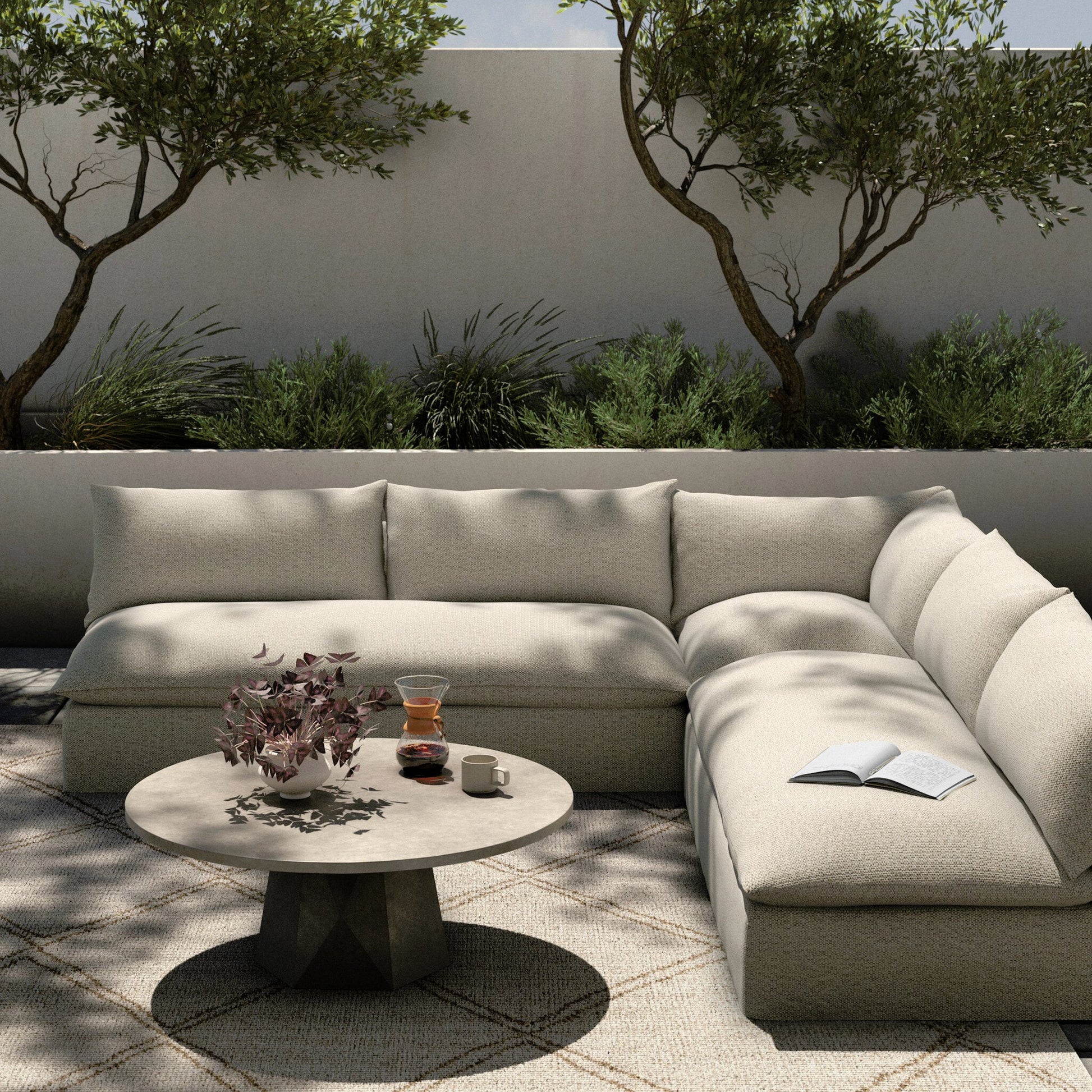 Grant Outdoor 3-PC Sectional by Four Hands. Made from 100% olefin, 91% polyurethane foam pad, 9% polyester fiber batting in a transitional style.