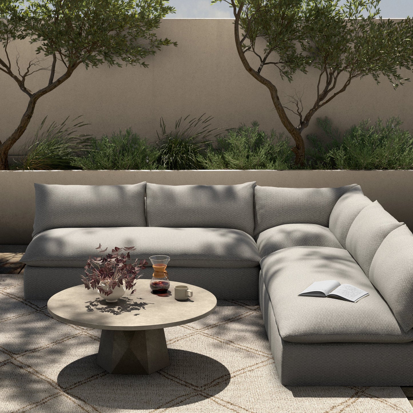 020 SI-1902313 | Lifestyle | Grant Outdoor 3-PC Sectional by Four Hands. Made from 100% olefin, 91% polyurethane foam pad, 9% polyester fiber batting in a transitional style.