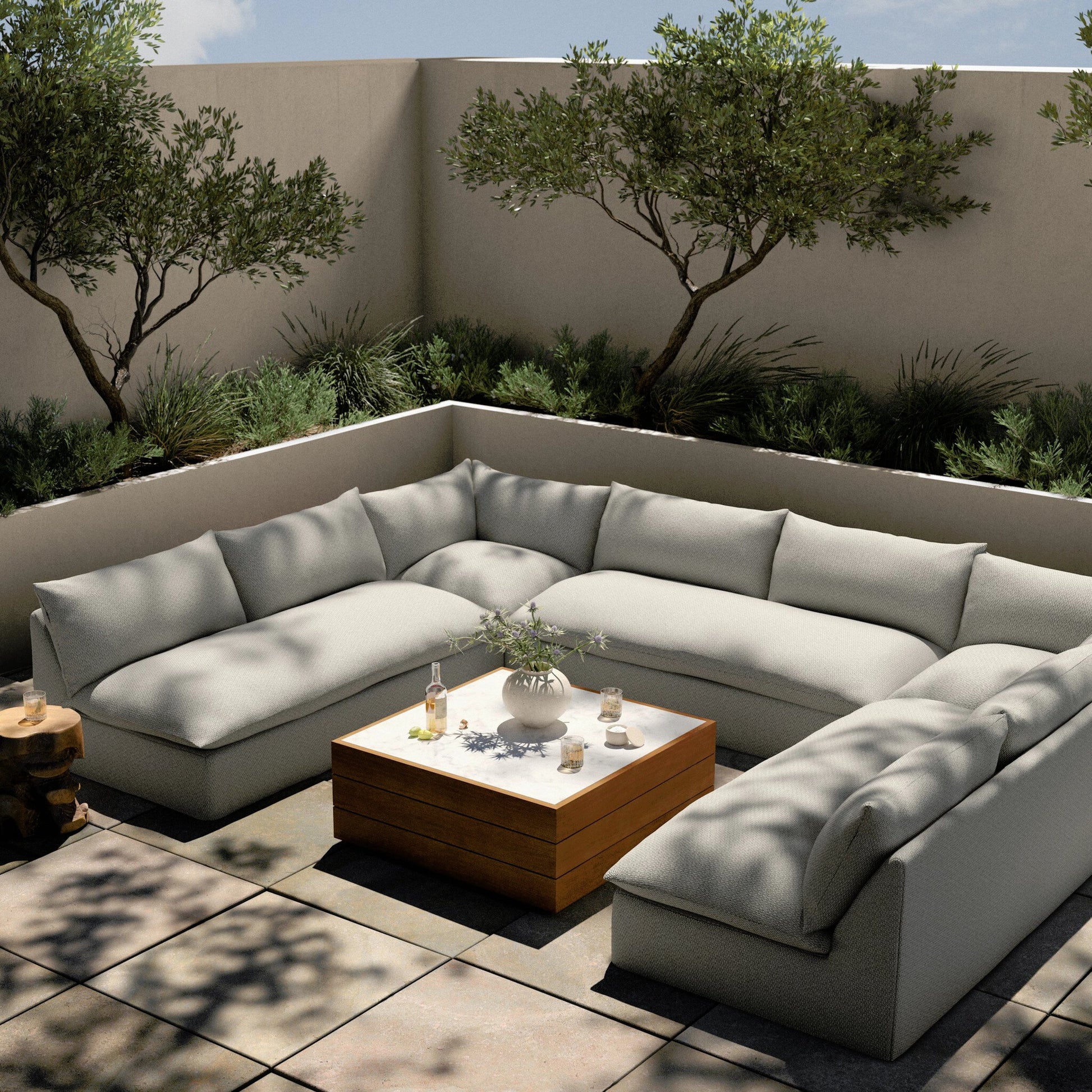 Grant Outdoor 5-PC Sectional by Four Hands in faye ash. Made from 100% olefin, 91% polyurethane foam pad, 9% polyester fiber batting in a transitional style.