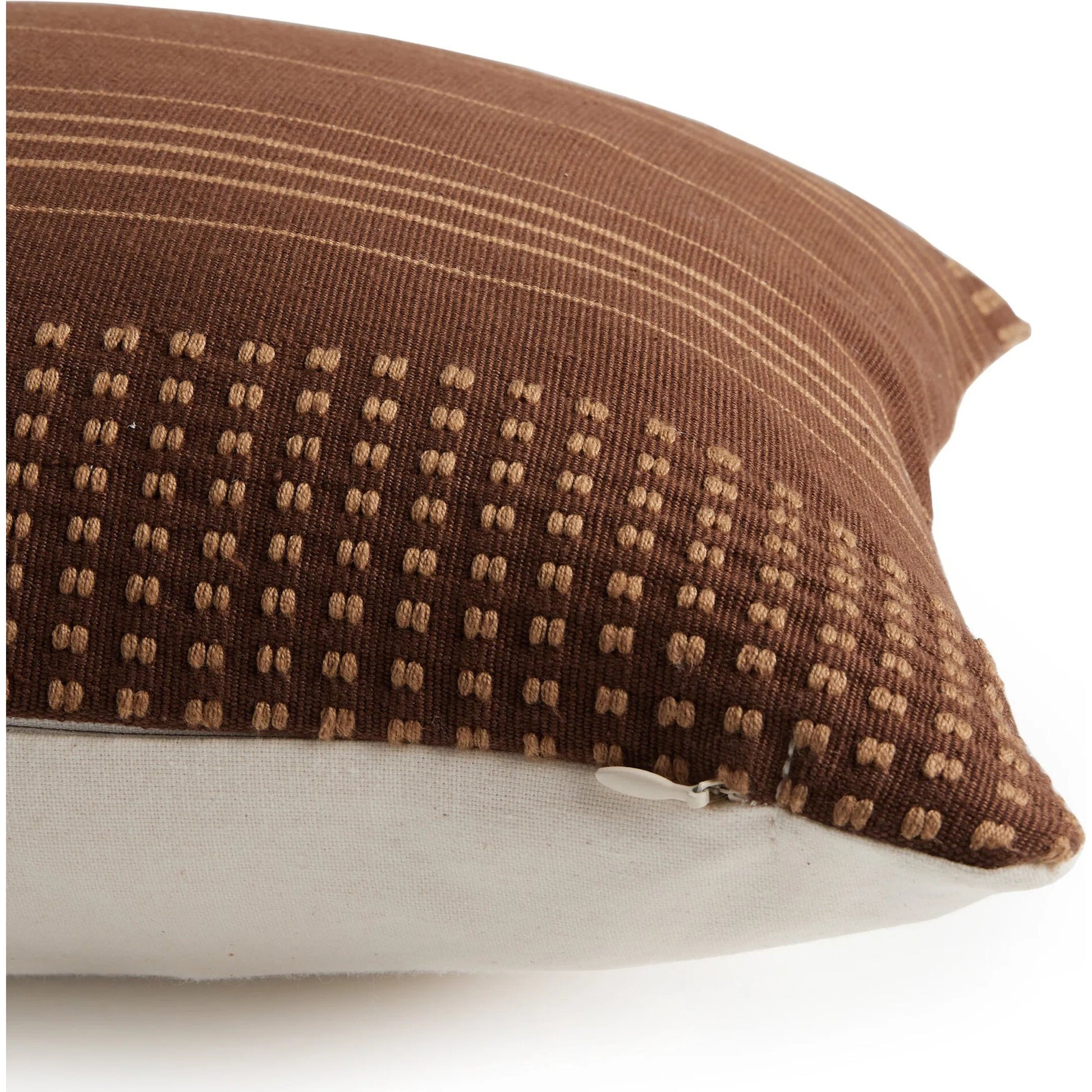 Handwoven Cancuc Pillow by Four Hands in taupe cotton, off white canvas, mocha cotton. Made from 100% cotton in a unique style.