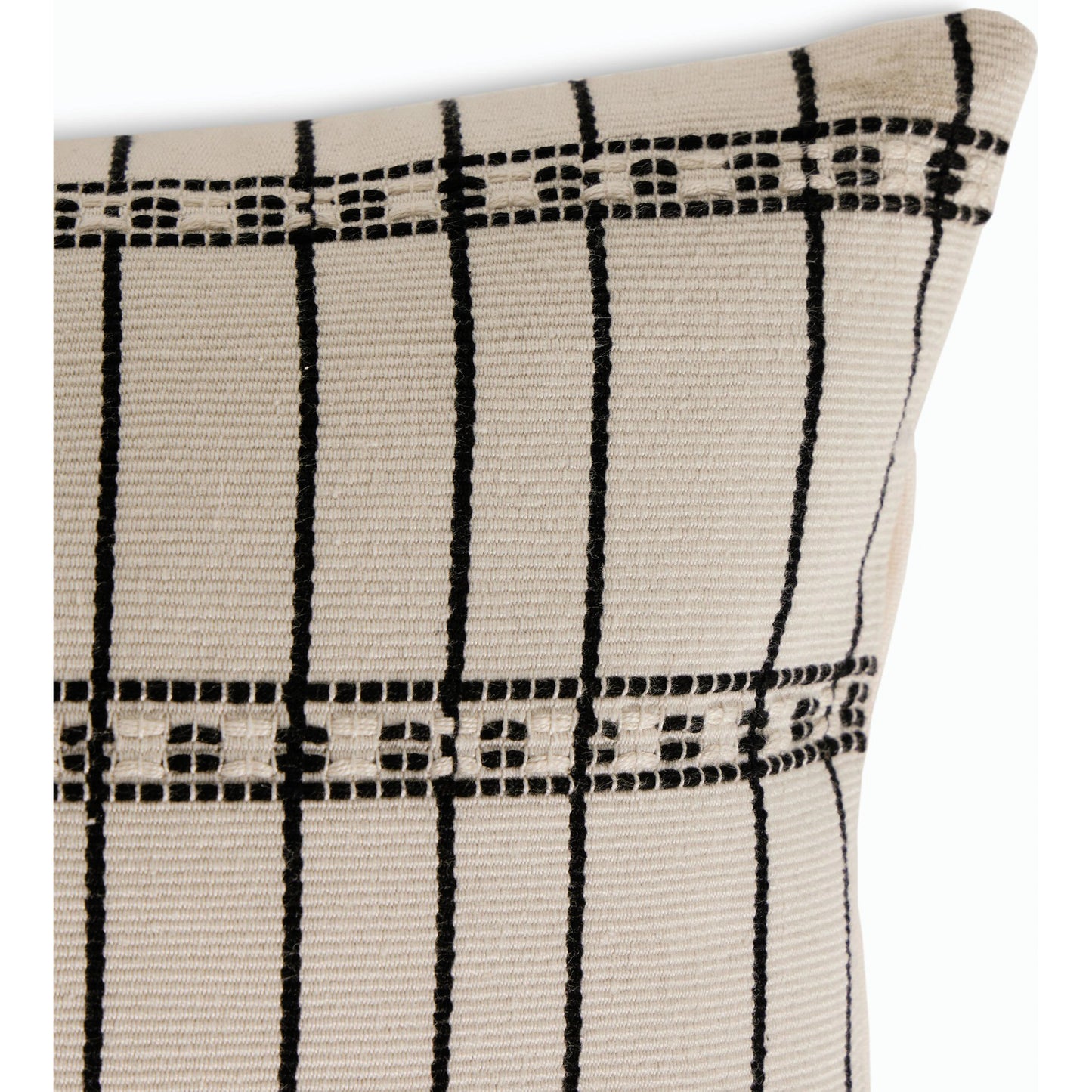 017 SI-2137342 | Closeup | Handwoven Chiapas Pillow by Four Hands in ivory cotton, off white canvas, black cotton and ivory cotton. Made from 100% cotton in a transitional style.