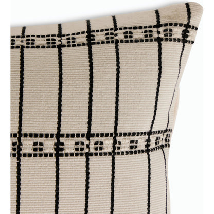 Handwoven Chiapas Pillow by Four Hands in ivory cotton, off white canvas, black cotton and ivory cotton. Made from 100% cotton in a transitional style.