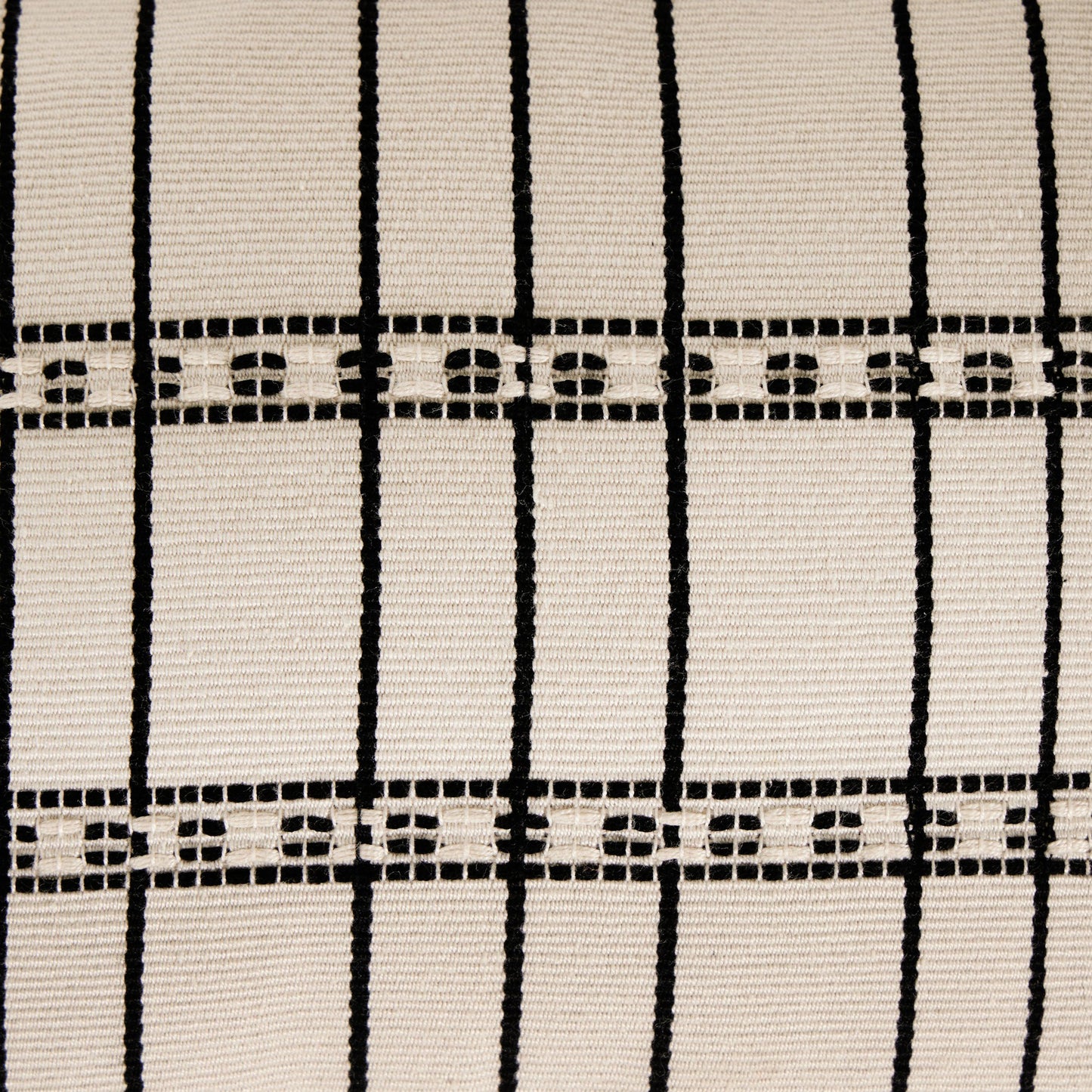018 SI-2137342 | Closeup | Handwoven Chiapas Pillow by Four Hands in ivory cotton, off white canvas, black cotton and ivory cotton. Made from 100% cotton in a transitional style.