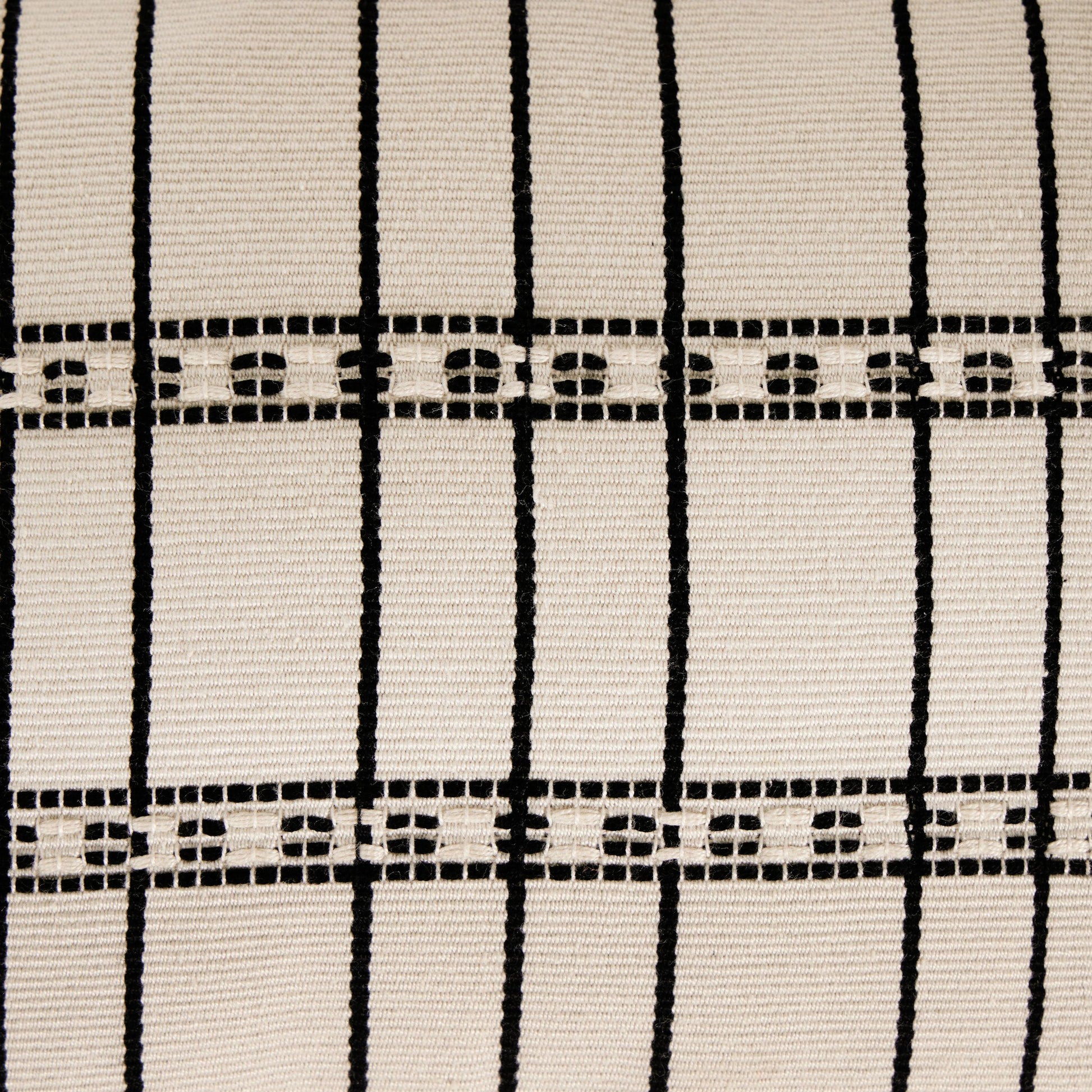 Handwoven Chiapas Pillow by Four Hands in ivory cotton, off white canvas, black cotton and ivory cotton. Made from 100% cotton in a transitional style.